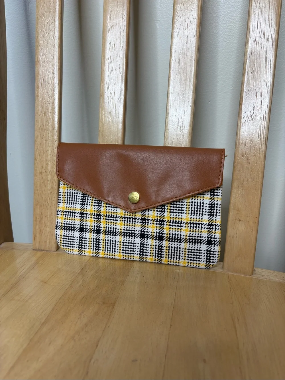 Ipsy Women's Plaid Clutch makeup bag with Brown Faux Leather Flap